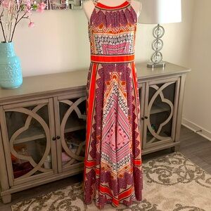 Chico’s halter style full skirt boho print maxi dress with back ties 1/US 8